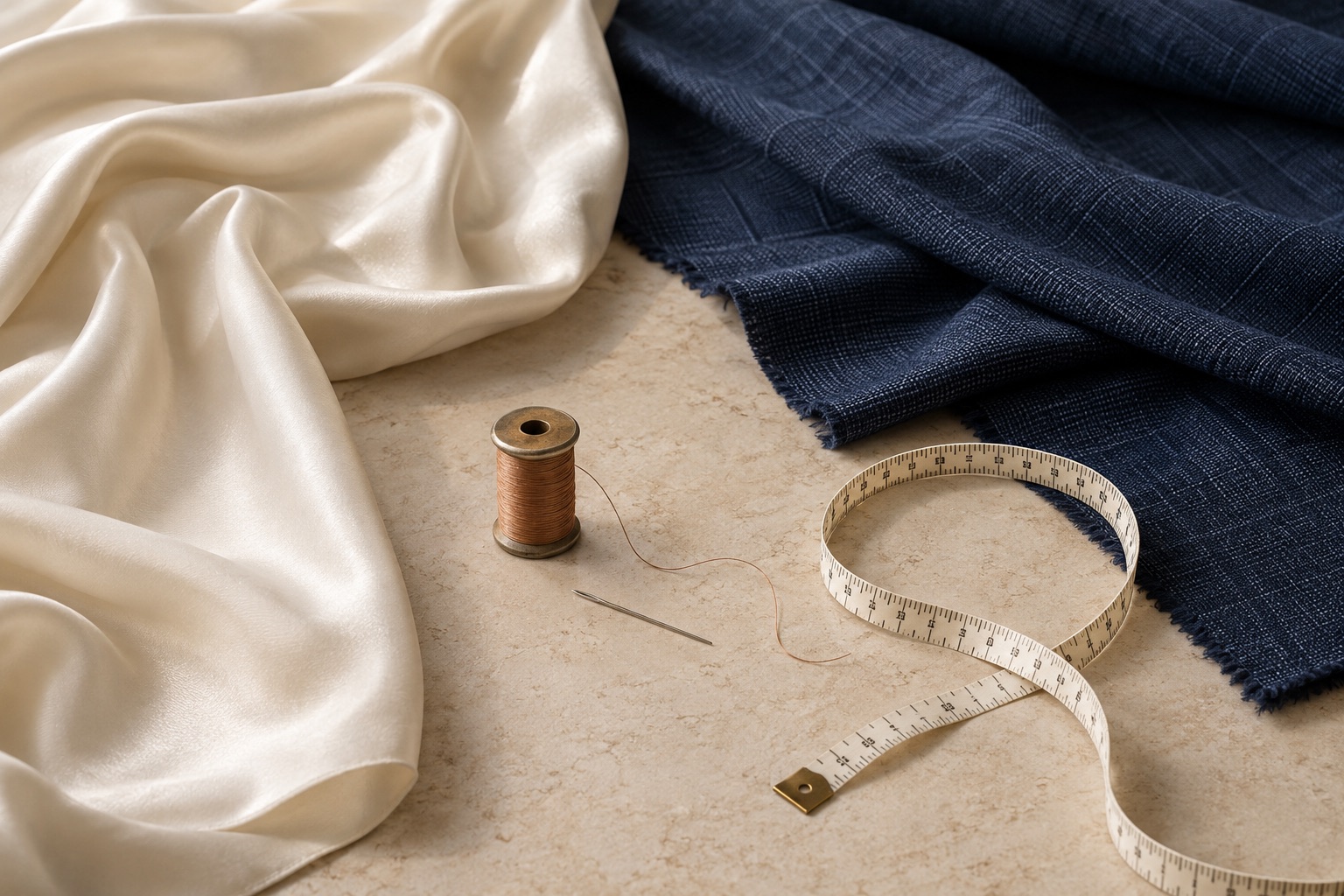 Illustrative study of ivory and navy fabrics with sewing tools